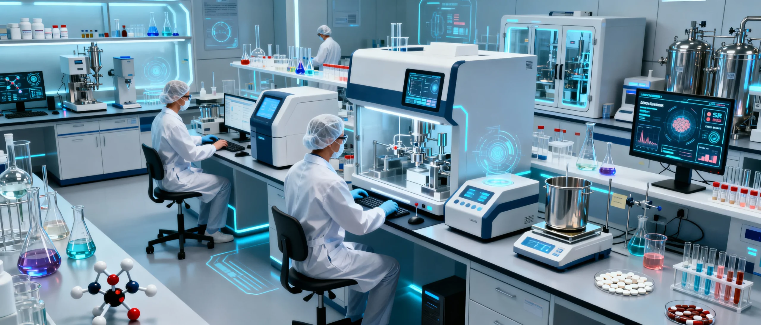 Scientists working in a sophisticated pharmaceutical research and development lab with advanced analytical equipment.