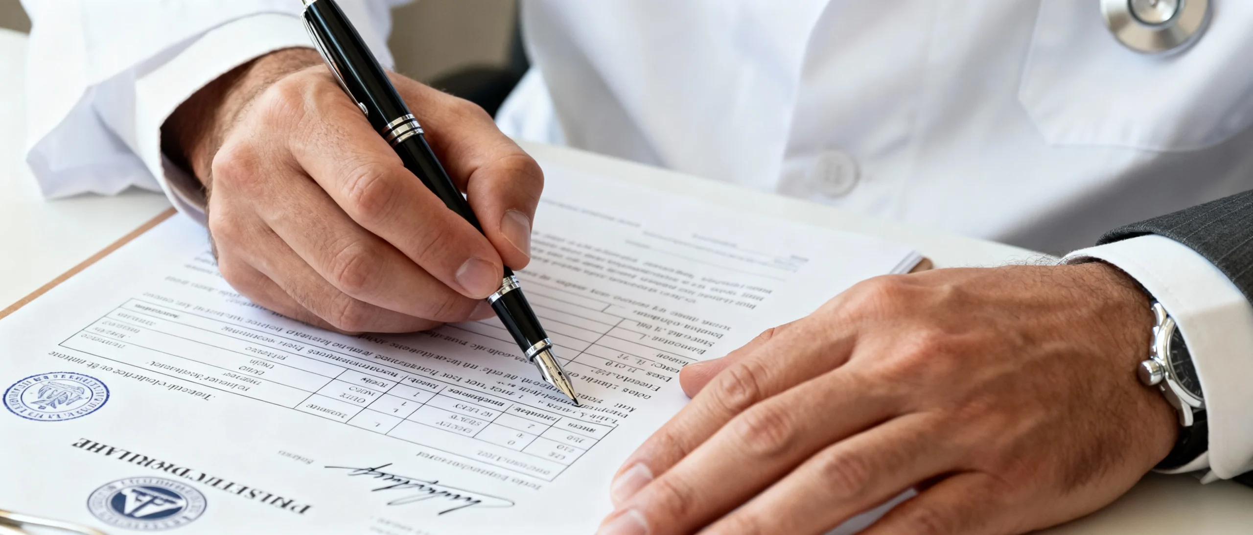 Close-up of hands reviewing pharmaceutical documents.