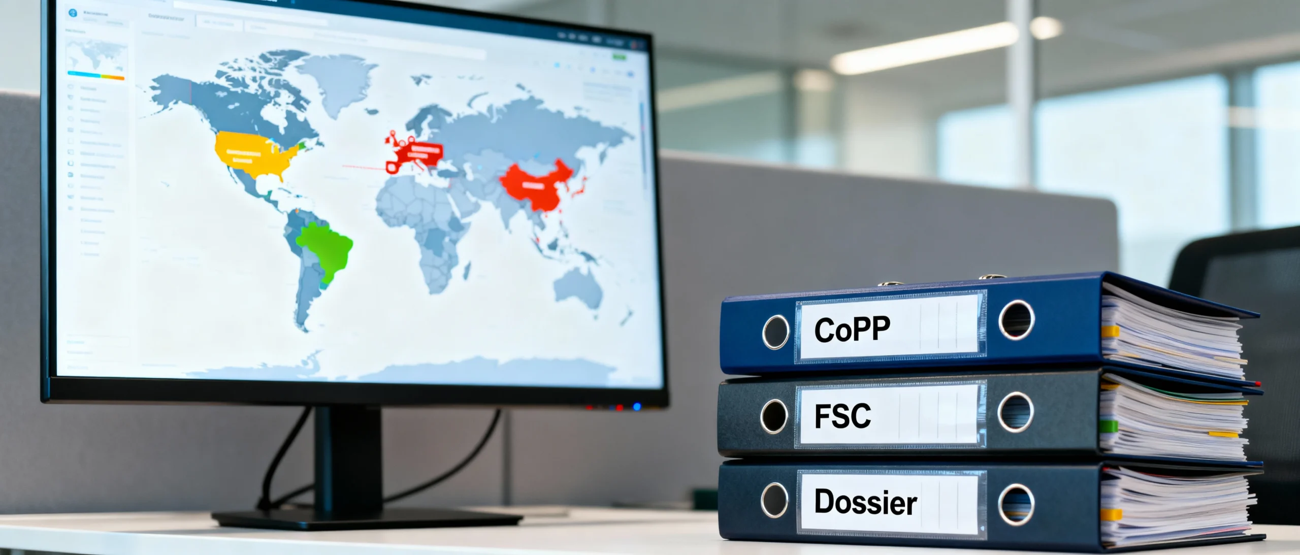 Organized regulatory binders and documents on a desk with a global map.